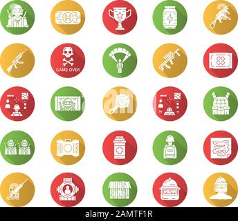 Beauty-Geräte flaches Design mit langen Schatten-Glyphe-Icons. Kosmetologie-Verfahren für den Haushalt und den Salon. Gesichtsmassagegerät, Schwarzkopf-Remover, Epilierer, Nasenhaar t Stock Vektor