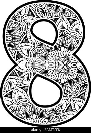 Nummer 8 mit abstrakten Blumenornamenten in schwarz-weiß. Design inspiriert von Mandala-Kunststil zum Färben. Isoliert auf weißem Hintergrund Stock Vektor