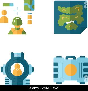 Online-Spiel-Inventar flaches Design lange Schatten Farbsymbole gesetzt. ESports, Cybersport. Battle royale. Computerspielgeräte. Karte, Container, Aufnahmen Stock Vektor