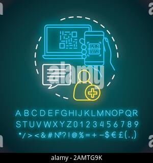 Referral QR Code Concept Neon Light Icon. Benutzerautorisierung, Registrierung. Empfehlungsfreund, neue Kundeneinladung. Leuchtendes Zeichen mit Alphabet, taub Stock Vektor