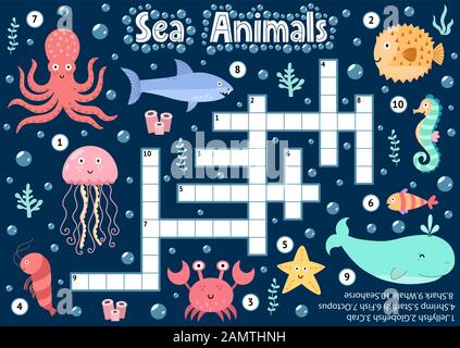 Kreuzworträtselspiel von Meerestieren für Kinder. Logisches Aktivitätsblatt unter Wasser Stock Vektor