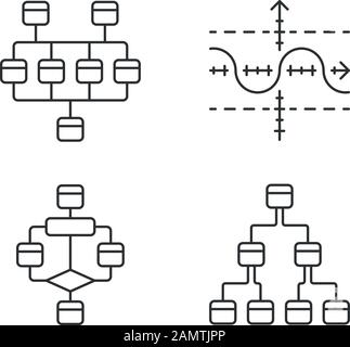 Diagramme lineare Symbole festgelegt. Netzwerk, Baum, Funktionsdiagramm, Flussdiagramm. Planung, Prozessablauf. Statistikdaten. Kontursymbole mit dünnen Linien. Isolierte vect Stock Vektor