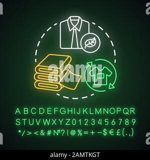 Neon-Light-Concept-Symbol für keine überflüssige Kleidung, Recycling und Wiederverwendung von Kleidung. Abfallmanagement, ökologische Lifestyle-Idee. Leuchtendes Zeichen mit Alphabet, Stock Vektor