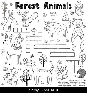 Schwarz-Weiß-Kreuzwort für Kinder mit Waldtieren. Farbseite für Wälder Stock Vektor