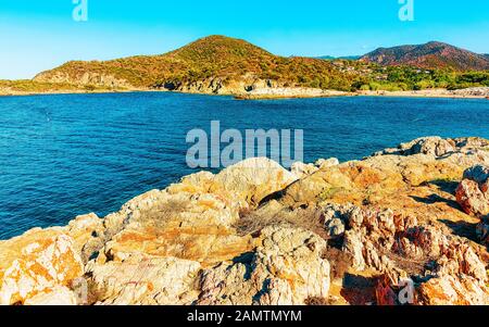 Chia Beach am Mittelmeer auf Südsardinien in Italien Reflex Stockfoto