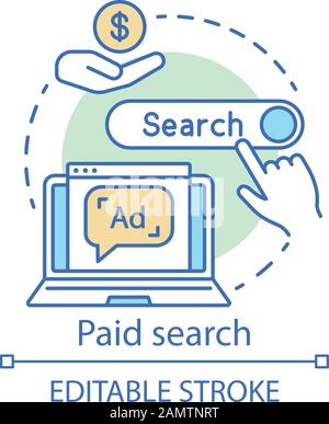 Symbol für ein bezahltes Suchkonzept. PPC Channel Idea Thin Line Illustration. Marketingstrategie. Zahlen Sie pro Klickmodell. Ergebnisse der Suchmaschine. SEM-Werbung. Ve Stock Vektor