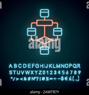 Symbol für Neonlicht im Flussdiagramm. Diagramm. Visualisierung des Prozesses. Problemlösungsstufen. Logiksequenz programmieren. Leuchtende Zeichen mit Alphabet, Zahlen und Stock Vektor