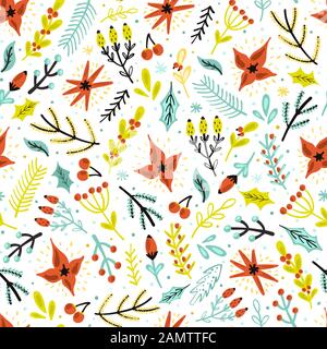 Weihnachtliche Blumen und Pflanzen nahtloses Muster. Winterhintergrund Stock Vektor