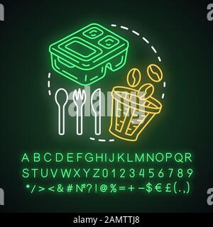 Zero Waste Kitchen, Abfallmanagement Neon Light Concept Icon. Wiederverwendbarer Kaffeefilter, Besteck, Behälteridee. Leuchtende Zeichen mit Alphabet, Zahlen und Stock Vektor