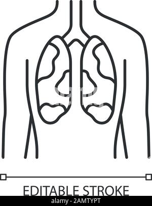 Symbol für die lineare Lunge. Schmerzendes menschliches Organ. Tuberkulose, Krebs. Ungesundes Pulmonalsystem. Atemgesundheit. Dünne Linie. Kontursymbol Stock Vektor