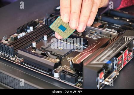 Setzen eines Computerchips (CPU) in seinen Sockel auf ein schwarzes Motherboard. Benutzerdefinierter PC-Build. Stockfoto