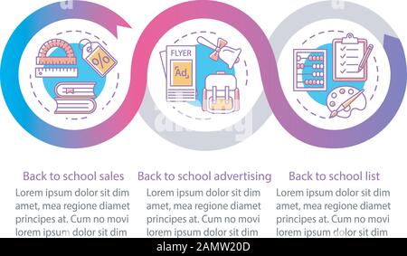 Zurück zur Infografievorlage für den Verkauf von Schulen. Designelemente für Geschäftspräsentationen. Datenvisualisierung mit drei Schritten und Optionen. Prozesszeit Stock Vektor