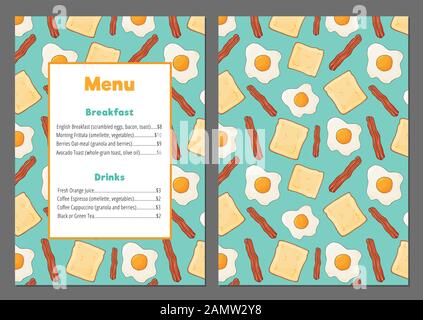 Bunte Speisekarte mit Rührei, Speck und Brot Stock Vektor