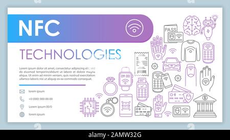 NFC-Technologiebanner, Visitenkartenvektorvorlage. Kontaktlose und bargeldlose Zahlungen. Firmenkontakt mit Telefon- und E-Mail-Leitungssymbolen. Präsentation, w Stock Vektor