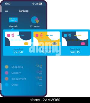 Vektorvorlage für die mobile Banking-App. Blaues Layout der Smartphone-Anwendungsseite. Bildschirm "Digital Wallet".Kreditkartenmanager, Spesentracker. Fla Stock Vektor