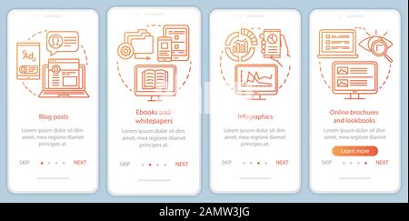 Awareness Content Orange Onboarding Mobile App - Bildschirmvektorvorlage. Blogeinträge zeigen Website-Schritte mit linearen Abbildungen auf. UX, UI, GU Stock Vektor