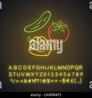 Symbol für Neonlicht für Rohgemüse. Vegetarische Ernährung und gesunde Ernährung. Leuchtendes Zeichen mit Alphabet, Zahlen und Symbolen. Biologisches veganes Essen. Gurke, tom Stock Vektor