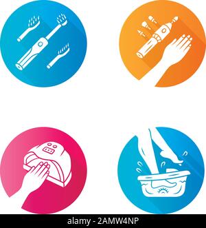 Flache Ausführung, lange Schatten-Glyphe, Symbole festgelegt. Massagegerät mit elektrischer Zahnbürste und Fußbad. Elektrische Maniküre und Nageltrockner. Schönheits-Gadgets. gelpoliert Stock Vektor