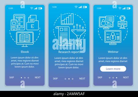 Übersichtsinhalt Blue Gradient Onboarding Mobile App Seite Vektor Vorlage. Exemplarische Schritte auf der Website mit linearem Bildmaterial für den Forschungsbericht Stock Vektor