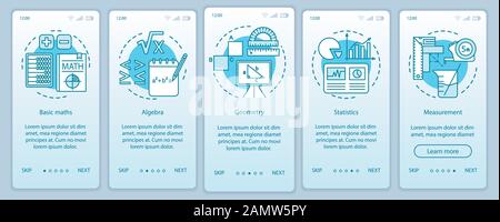 Lernmathekurs, Lerntool Onboarding Mobile App Seite Vektor Vorlage. Gehen Sie die Website in fünf Schritten mit linearen Abbildungen durch. U Stock Vektor