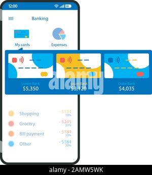 Vektorvorlage für die mobile Banking-App. Kreditkartenmanager Smartphone Seite weißes Design Layout. Bildschirm "Budget Tracker". Digitale Brieftasche. Flache Benutzeroberfläche Stock Vektor