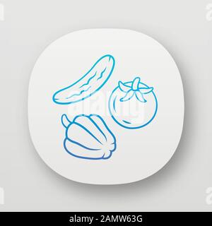 App-Symbol für frisches Gemüse. Vegetarische Ernährung und gesunde Ernährung UI/UX-Benutzeroberfläche. Bio vegane Lebensmittel Web oder mobile Anwendung. Gurke, Tomate und Stock Vektor