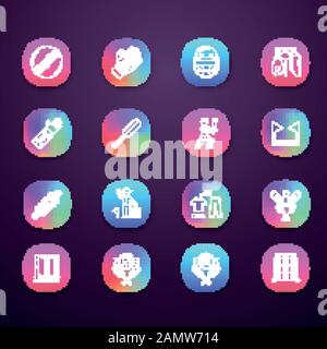 Die Symbole der Cricket-Championship-App sind festgelegt. Sportuniform, Schutzausrüstung, Spielausrüstung. Sportliche Aktivitäten im Freien. UI/UX-Benutzeroberfläche. Web- oder mobile App Stock Vektor