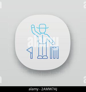 Symbol für Cricket-Richter-App. Entscheidung über das Signal der Umpire. Schiedsrichter folgen dem Spiel. Mann in Uniform, Fahne, Wicket. Sportwettbewerb. UI/UX-Benutzeroberfläche. Web oder Stock Vektor
