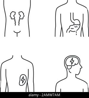 Lineare Symbole für kranke menschliche Organe. Wunde Nieren und Milz. Schmerzende Magen. Ungesundes Gehirn. Kranke interne Körperteile.dünne Linienkontursymbole. Isola Stock Vektor