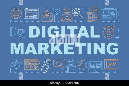 Werbebanner für digitale Marketingworte. Werbung, Technologien, Unternehmen. Präsentation, Website. Typografieidee mit isoliertem Schriftzug und linearen Symbolen. Vect Stock Vektor