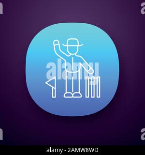 Symbol für Cricket-Richter-App. Schiedsrichter signalisiert Entscheidung. Schiedsrichter folgen dem Spiel. Mann in Uniform, Fahne, Wicket. Sportwettbewerb. UI/UX-Benutzeroberfläche. Web oder Stock Vektor