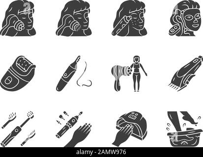 Schönheitsgeräte Glyphe Symbole gesetzt. Kosmetologie-Verfahren für den Haushalt und den Salon. Beauty-Gadgets, Instrumente. Gesichtsmassagegerät, Schwarzkopf-Remover, Epilierer. Silhou Stock Vektor