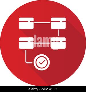 Aktivitätsdiagramm - Symbol für lange Schatten-Glyphe mit flachem Design. Workflow-Aktionen. Prozesszuordnung. Flussdiagramm für die Bereitstellung. Problemlösungsstufen. Planung der Implementierung. Stock Vektor