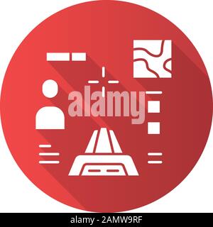 Shooter aus First-Person-Flachdesign mit langer Schatten-Glyphe. Virtuelles Videospiel. Online-Multiplayer. Battle royale. Cybersport-Mission. Computerspiel Stock Vektor