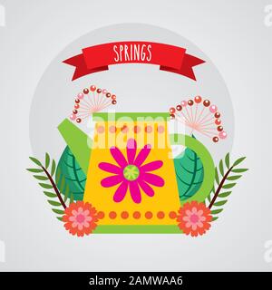 Hallo Frühlingsplakat mit Blumen und Sprinkler Stock Vektor