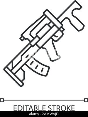 Lineare Ikone der Groza-Waffe. Virtuelle Spielpistole. Shooter Game Gewehr, Blaster. Cybersport Militärbestand. Dünne Linie. Kontursymbol. Vektor Stock Vektor