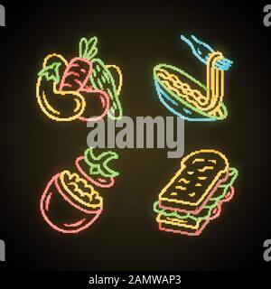 Nahrhafte Lebensmittel Neonlicht-Symbole gesetzt. Gemüse, Pasta, gefüllte Tomaten, Sandwich. Café, Imbiss im Restaurant, Vorspeise. Gesunde Ernährung. Salat, Spaghe Stock Vektor