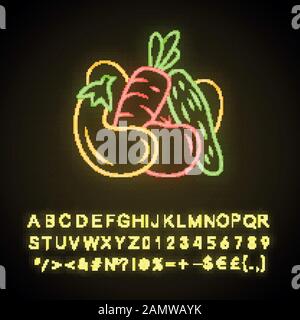 Symbol für Gemüseneon-Licht. Gurke, Tomate, Karotte. Gesunde Ernährung. Vegetarisches, veganes Essen. Landwirtschaftlichen Pflanzen. Leuchtendes Zeichen mit Alphabet, numbe Stock Vektor