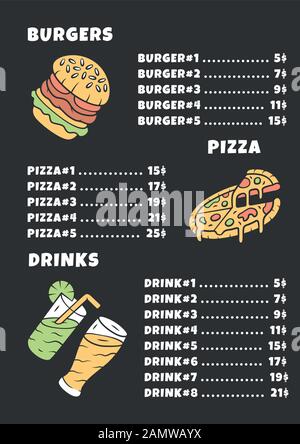 Fast-Food-Farbmenüvorlage. Burger, Pizza, Getränke. Design mit linearen Symbolen drucken. Illustrationen zu Konzeptvektoren. Restaurant, Café-Banner, Flyer br Stock Vektor