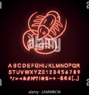 Symbol für Flusskrebse mit Neonlicht. Unterwassertiere, Hummer. Gesunde Ernährung. Fischrestaurant. Kulinarische Delikatessen. Leuchtendes Zeichen mit Alphabet, Zahlen a Stock Vektor