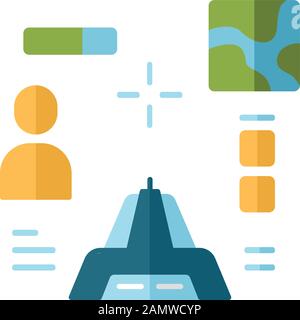 Shooter aus First-Person-Flachdesign mit langer Schattenfarbe. Virtuelles Videospiel. Online-Multiplayer. Battle royale. Cybersport-Mission. Computerspiel Stock Vektor