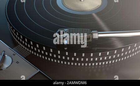 Ein Vinyl-Plattenspieler ohne Marke, der eine Vinyl-Schallplatte auf einem dunklen Hintergrund mit stimmungsvoller Hintergrundbeleuchtung spielt - 3D-Rendering Stockfoto