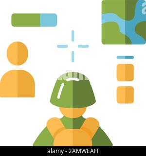 3D-Shooter mit flachem Design und langer Schattenfarbe. Virtuelles Videospiel. Online-Multiplayer. Battle royale. Cybersport, Wettbewerb, Mission. Berechnen Stock Vektor