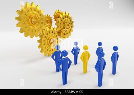 3D-Menschen - der Mensch, die Person in der Zahnräder. Geschäftsmann und Getriebe. 3D-Rendering Stockfoto