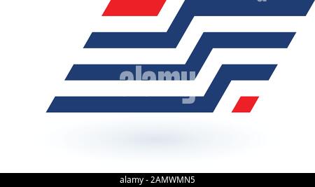 Abstraktes Logo-Design mit blauen und roten horizontalen Linien. Flaggenkonzept. Design Print für Unternehmen. Darstellung des Stock-Vektors isoliert auf weiß Stock Vektor