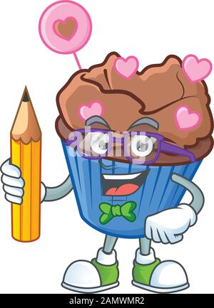 Ein Bild von Student Schokolade Liebe cupcake Charakter holding Bleistift Stock Vektor