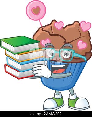 Cool und clever Student Schokolade Liebe cupcake Maskottchen Karikatur mit Buch Stock Vektor