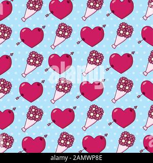 Happy Valentines Tageskarte mit Ikonen Muster Stock Vektor