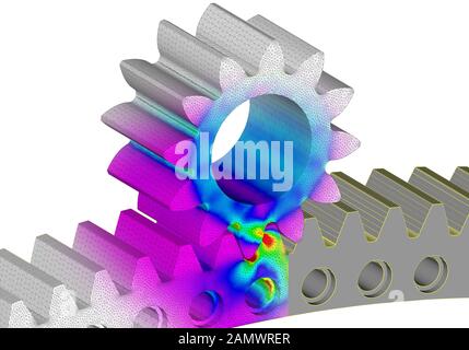 Zahnrad und Zahnrad 3D-Finite-Elemente-Analyse betont in weißem Hintergrund Stockfoto