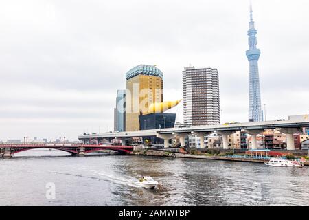 Tokio, Japan - 30. März 2019: SUMIDA-Bezirk Stadtbild Skyline und Fluss in der Innenstadt am bewölkten Tag mit Bootsschwimmen und Asahi Bierhalle bauen Stockfoto